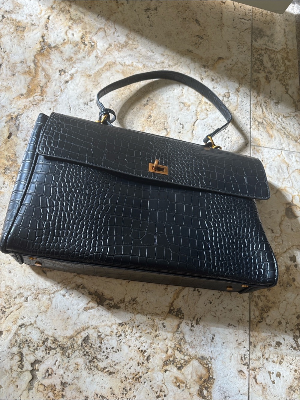 Classic Black Croc-Embossed Top-Handle Bag